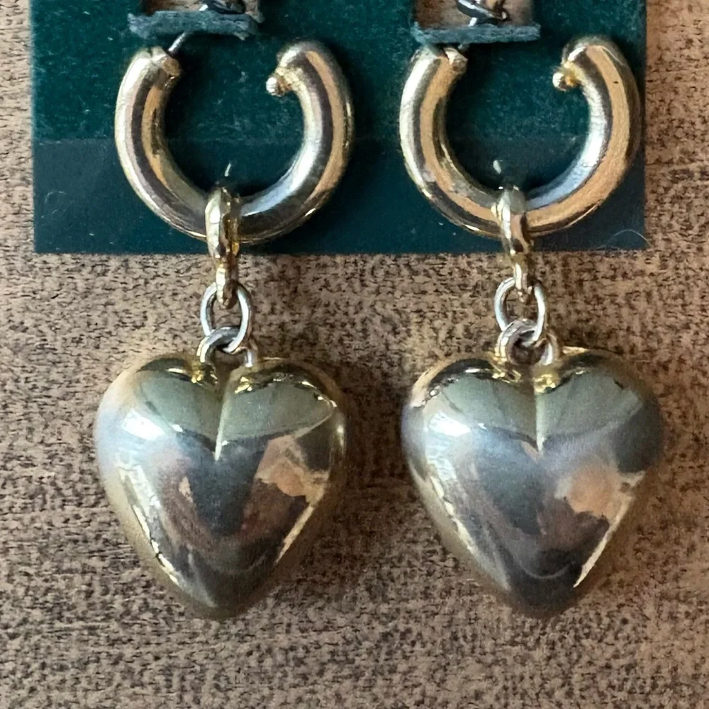 Gold Puffy Heart Vintage Dangle Pierced Earrings - Picture 7 of 7